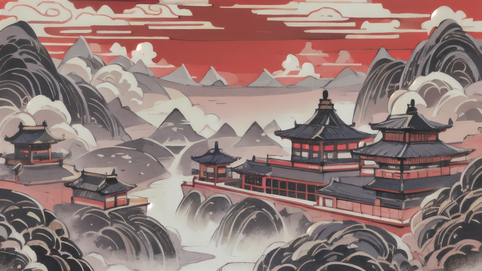  there is a huge chinese palace shining brightly in the center of the picture,cumulus clouds with lines in the sky,The cover of the Chinese landscape,with dense black and white lines forming mountains and rivers,with a red background at the top,a strong color contrast,