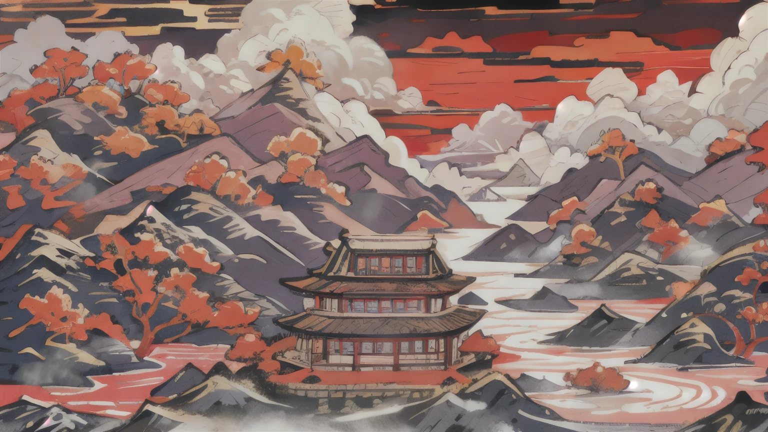  there is a huge chinese palace shining brightly in the center of the picture,cumulus clouds with lines in the sky,The cover of the Chinese landscape,with dense black and white lines forming mountains and rivers,with a red background at the top,a strong color contrast,