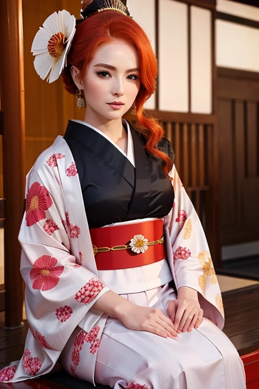 US, redheadwear, beautiful, delicious, sculptural body, wonderful, stylish, ((geisha flower kimono)), provocative.