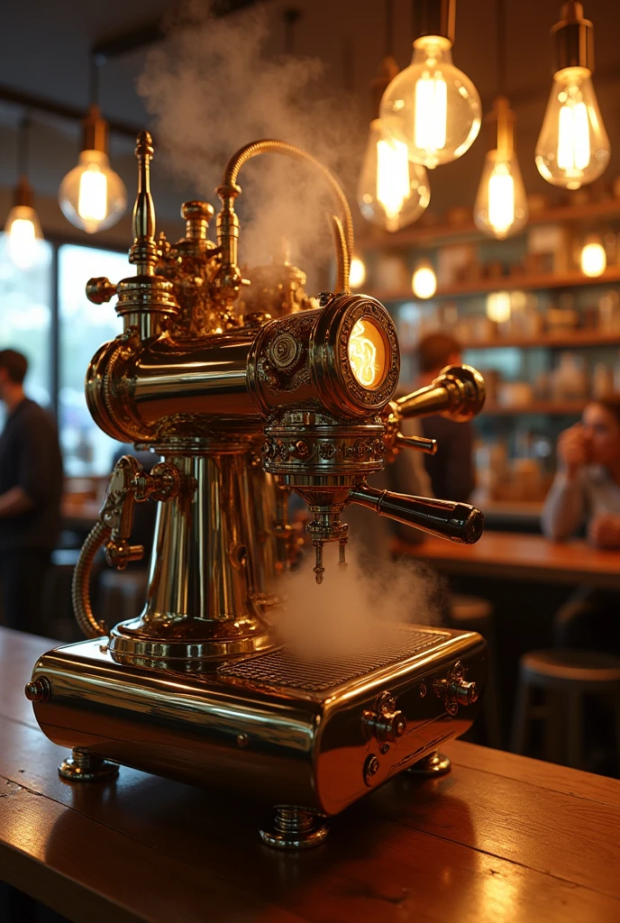 ((best quality, highly detailed)), cinematic, Ultra Highres. An intricately designed, steampunk coffee machine at the center of a bustling café, captured with dramatic lighting. The brass and copper gears gleam under the warm light of hanging Edison bulbs, with delicate shadows cast by the intricate pipes and dials. Steam rises from the valves as it pulls an espresso, creating an atmospheric haze around the machine. Lens flares from the light reflect off the polished metal, giving the machine a larger-than-life presence, almost as though it were the beating heart of the café. A stunning, award-winning visual delight of craftsmanship and artistry.