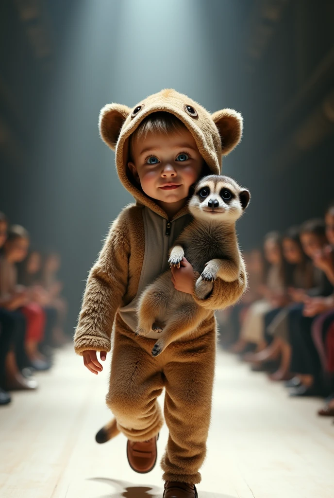 14k, full body, A walking  Giraffe baby. A baby human riding on its back. An audience taking photos and clapping., bright fashion showroom, seated audience, diagonal shot --v 6.1 )