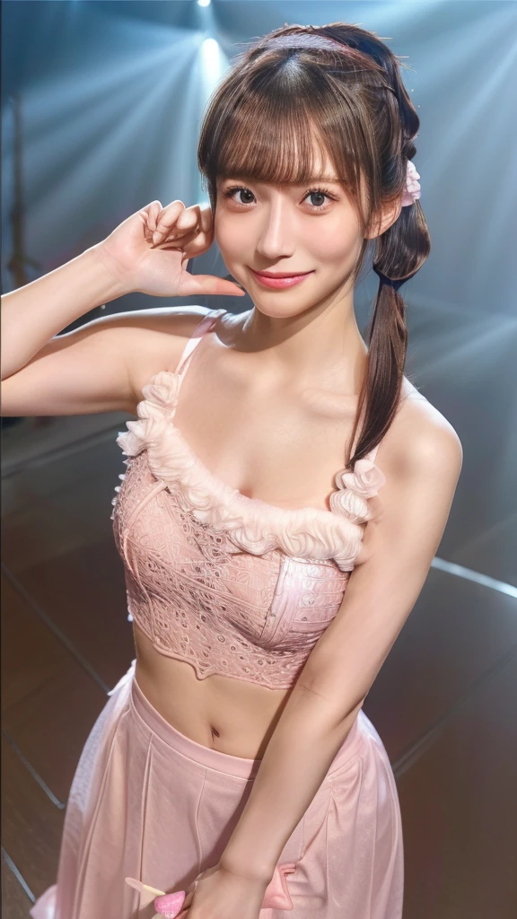 blush,Small breasts,Cleavage Emphasis,Long hair ponytail,on stage,Are standing,Holding a microphone,((8k, RAW Photos, Highest quality, The pieces fly:1.2), (reality, Realistic:1.4), (非常に詳細な8k壁紙), Written boundary depth, Cinema Lighting, Soft Light, Detailed beauty eyes,Shiny and smooth light brown ponytail, Asymmetrical bangs, Glowing Skin, Highly detailed skin ,High resolution, Attention to detail, Detailed hairstyle, Detailed beauty face, Hyper Real, Perfect limbs, Perfect Anatomy ,1 Japanese girl,Famous Japanese Idols, Perfect female body,A shy smile,Shake your head、short eyelashes,double eyelid,Look straight here,Hairstyle: Ponytail、A long pink dress with lots of frills, A skirt with a soft shape, standing on stage, Show some skin, Pink ribbon on head,She is wearing a long skirt with lots of frills..Long slit、((Pompadour)) 