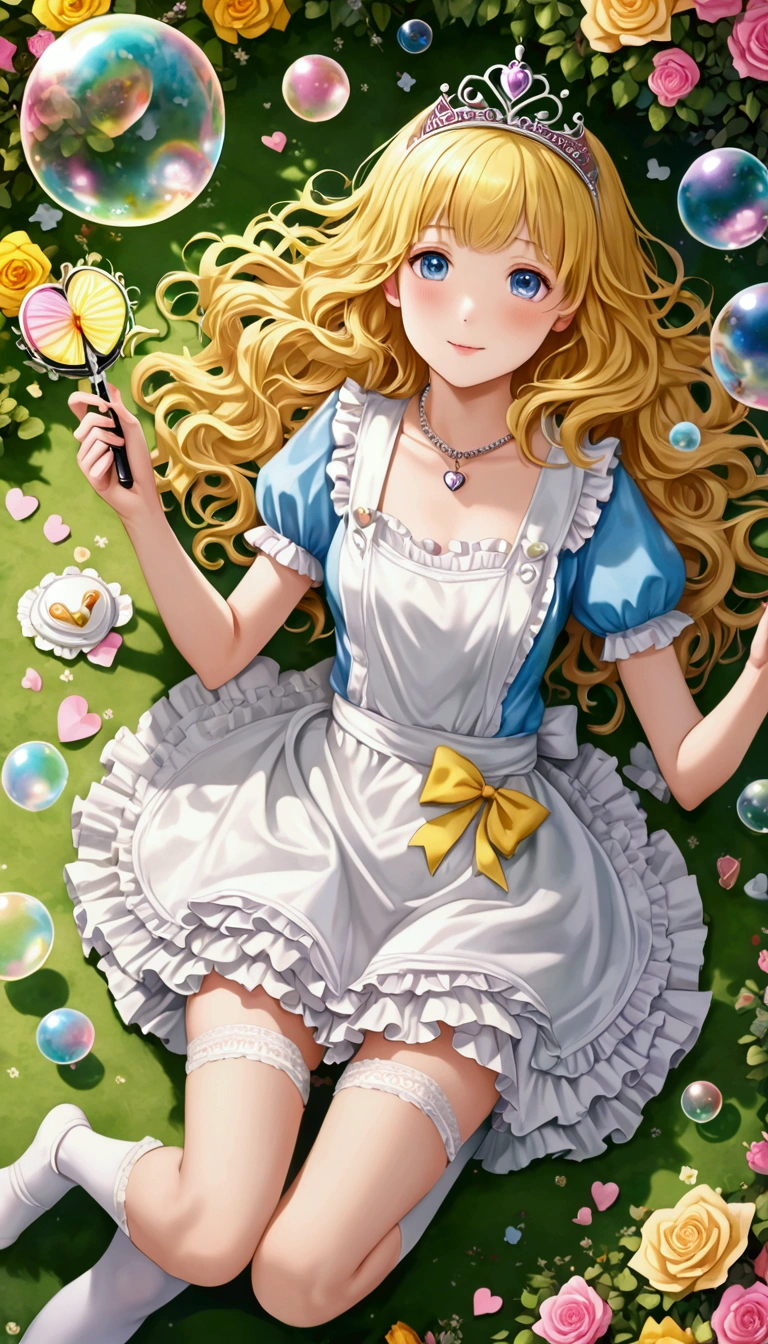 photo realistic, (masterpiece,best quality:1.4),(8k,raw photo,photo realistic:1.2),Not Safe for Work, detailed skin,detailed face,1girl,princess,Alice in Wonderland,cute face, super resolution,retro realistic details Illustration,,{{{elaborate,intricately,fantastic,delicately,tremendous,meticulous,minute,incredibly,obsessed,artisan's,subtle,virtuoso,skillful,vibrant, vivid, complex}}}, clearly focus edge, fresh natural gradation, best quality, amazing quality, very aesthetic, absurdres,
pubisure,
((yellow, checkered, frilled, yellow layered, mini skirt,overskirt)), ((White ruffle apron)),((shiny wavy hair)), diadems, ankle boots, up-skirt, doress, (((jumping))), feet up, (frilled shirt), gothic dresses, shairband, shortsleeves, the bow hair, happy, ;p, medium bob, (blonde hair), ((wavy hair)), shimmering eyes, Blue eyes, ((yellow shairband)),(((White frilled Panties))), (((skirt-lift))), a smile, red blush, Doress, Alice (Alice in Wonderland), (cape), White frilled legwear, ((yellow the Bow)), Puffy Sleeves, Bangss, shortsleeves, ((yellow bow ribbon)), long hair, (White frilled apron), (((tiara))), (((Holding a cute magic wand))). White frilled legwear, frilld, yellow gothic dresses,: q, ((Heart necklace)), ((ring)), masterpiece, top-quality, not safe for work, Little Girl, child, 14 yo, braided bangs, arm garter, baby face ,twinkle in the eye, flat chest,
yumekawa,yumekawaii,pastel color,(wonderland garden:1.3),imagination, ((soap bubbles)), heart background, (water-color),
