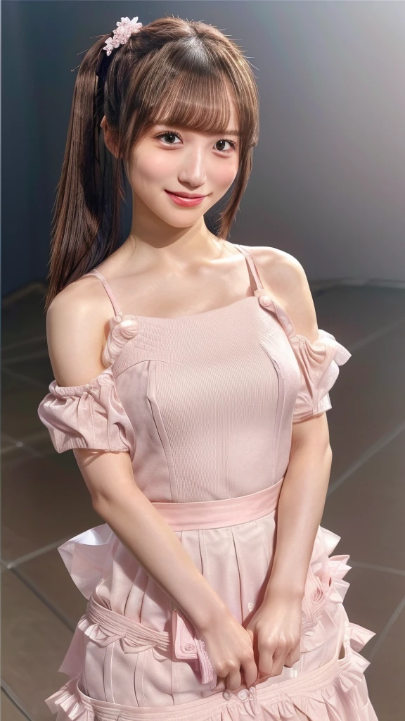 blush,Small breasts,Cleavage Emphasis,Long hair ponytail,on stage,Are standing,Holding a microphone,((8k, RAW Photos, Highest quality, The pieces fly:1.2), (reality, Realistic:1.4), (非常に詳細な8k壁紙), Written boundary depth, Cinema Lighting, Soft Light, Detailed beauty eyes,Shiny and smooth light brown ponytail, Asymmetrical bangs, Glowing Skin, Highly detailed skin ,High resolution, Attention to detail, Detailed hairstyle, Detailed beauty face, Hyper Real, Perfect limbs, Perfect Anatomy ,1 Japanese girl,Famous Japanese Idols, Perfect female body,A shy smile,Shake your head、short eyelashes,double eyelid,Look straight here,Hairstyle: Ponytail、A long pink dress with lots of frills, A skirt with a soft shape, standing on stage, Show some skin, Pink ribbon on head,She is wearing a long skirt with lots of frills..Long slit、((Pompadour)) 、Short Bob Style