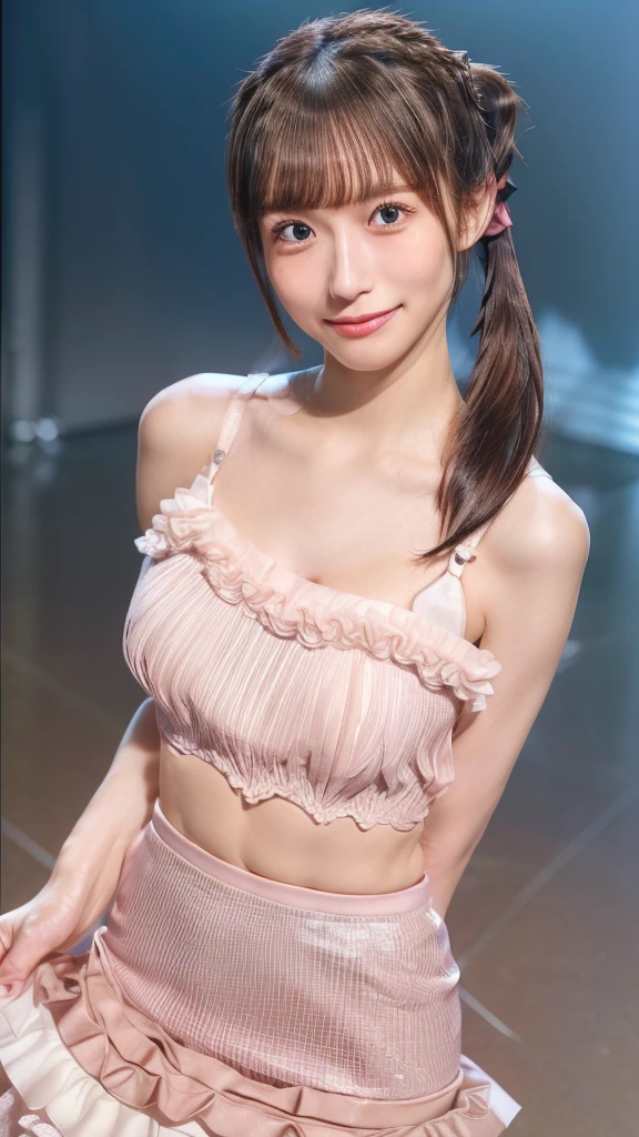 blush,Small breasts,Cleavage Emphasis,Long hair ponytail,on stage,Are standing,Holding a microphone,((8k, RAW Photos, Highest quality, The pieces fly:1.2), (reality, Realistic:1.4), (非常に詳細な8k壁紙), Written boundary depth, Cinema Lighting, Soft Light, Detailed beauty eyes,Shiny and smooth light brown ponytail, Asymmetrical bangs, Glowing Skin, Highly detailed skin ,High resolution, Attention to detail, Detailed hairstyle, Detailed beauty face, Hyper Real, Perfect limbs, Perfect Anatomy ,1 Japanese girl,Famous Japanese Idols, Perfect female body,A shy smile,Shake your head、short eyelashes,double eyelid,Look straight here,Hairstyle: Ponytail、A long pink dress with lots of frills, A skirt with a soft shape, standing on stage, Show some skin, Pink ribbon on head,She is wearing a long skirt with lots of frills..Long slit、((Pompadour)) 、Short Bob Style