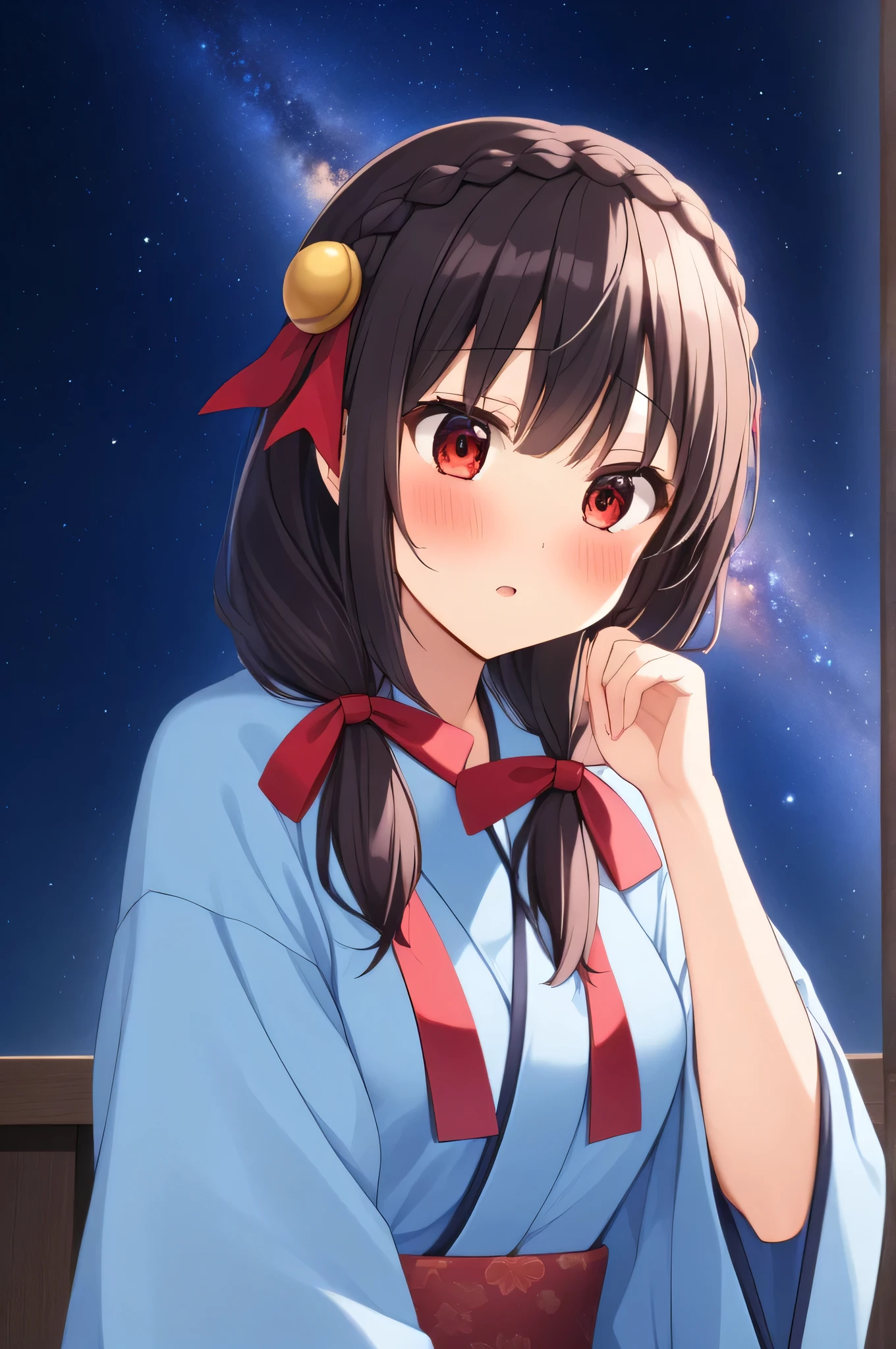 alone, One girl、Crown braids in the same color as your hair, hair ornaments, Hair Ribbon,(A light blue kimono with a red floral pattern and a red obi.)、Red Eyes、Black Hair、(blush:1.7)、(Surprised expression:1.4)、Larger breasts、Side view、The Milky Way in the background