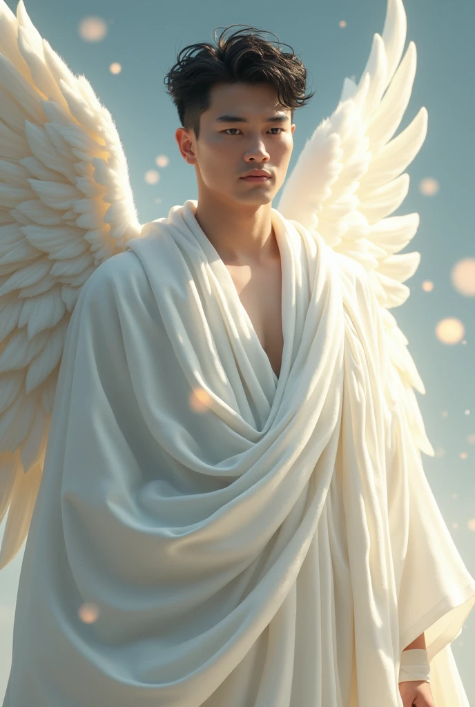angel man with very large wings, masculine, a little younger without so much muscle, black hair