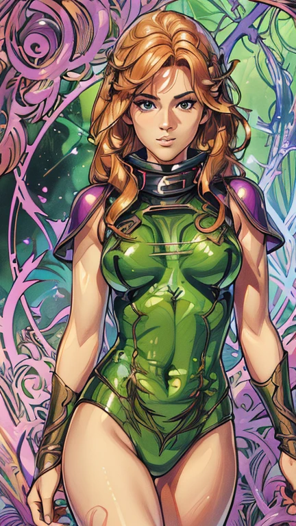 (1girl, Barbarella), (extremely detailed CG unit 8k wallpaper),(master part), (best quality), (ultra detail), (best illustration),(Tsukasa hojo Style), cowboy shot, (Sharp eyeliner, ombre, detailed eyes:1), vines, jungle ArsMJStyle, Art Nouveau, break , upper body, spacesuit