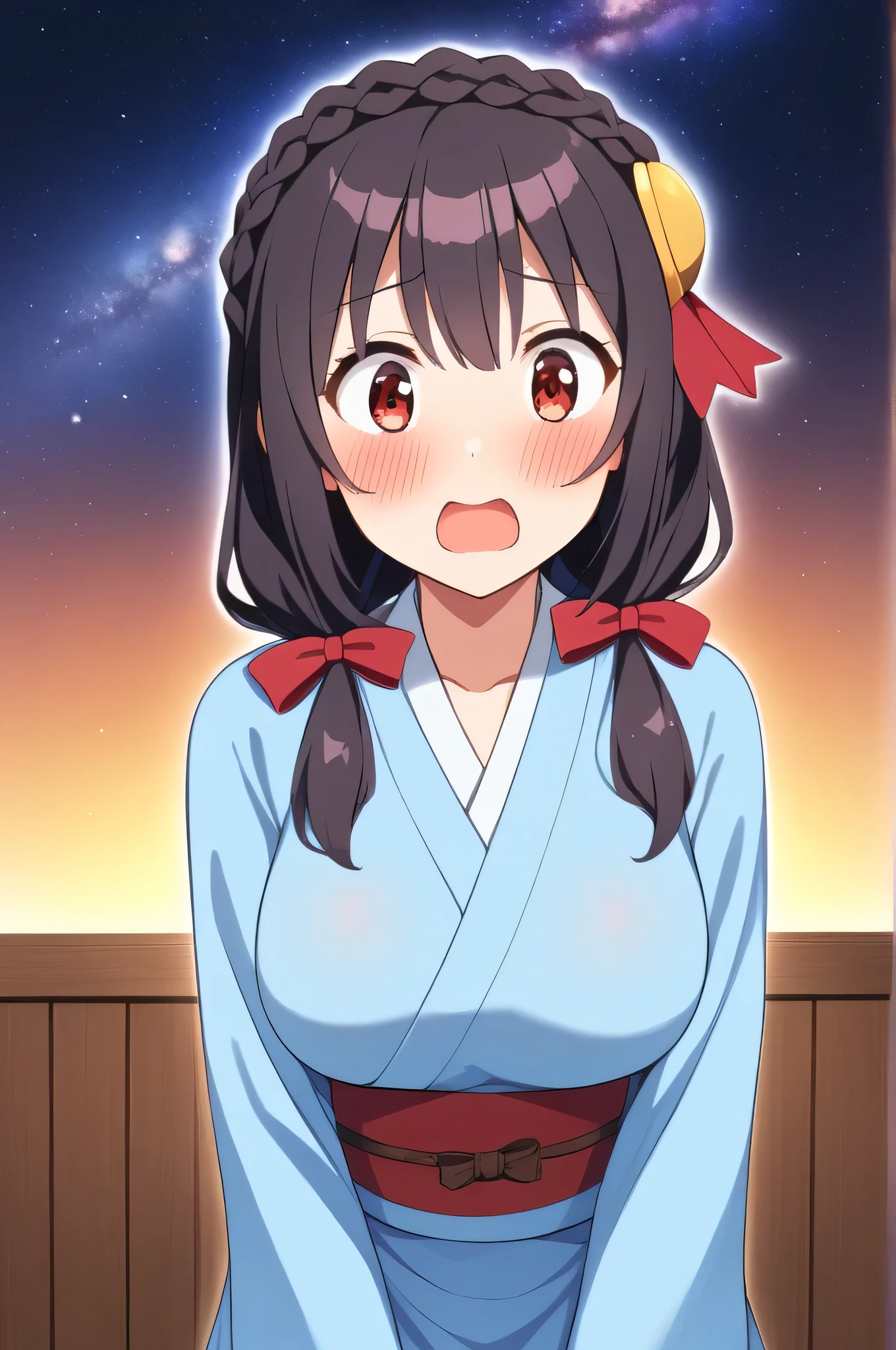 ((masterpiece)), ((best quality)), (ultra-detailed), anime style, on the bed, a cute girl, 1girl, solo, ((beautiful eyes)), smile, kimono, japanese cloth, ((open chest)), ((cute nipples)), small breast