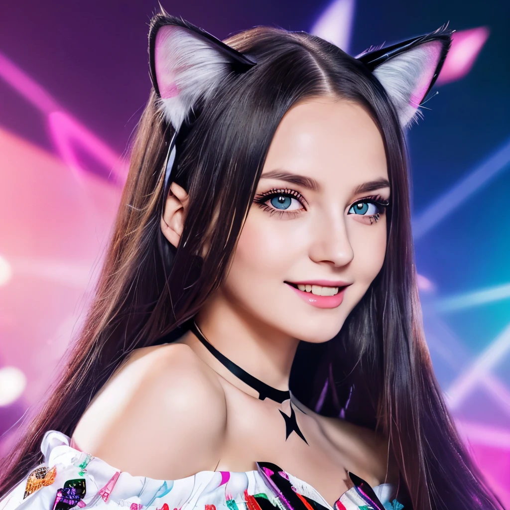 (masterpiece, best quality), ((1girl, (mature female) long hair), (star-shaped pupils, +_+, symbol-shaped pupils, sparkling eyes), (cat ears, open open mouth)), (looking at viewer, light smile, off shoulder), (abstract, multicolored background, abstract background, chromatic aberration),
