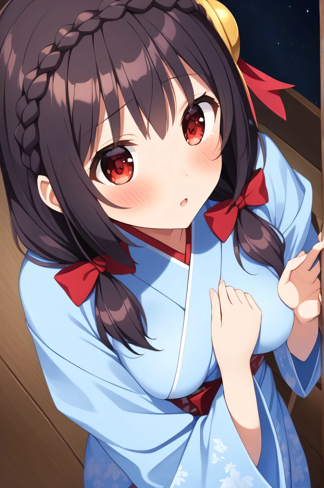 alone, One girl、Crown braids in the same color as your hair, hair ornaments, Hair Ribbon,(A light blue kimono with a red floral pattern and a red obi.)、Red Eyes、Black Hair、(blush:1.6)、(Tears and a shy look:1.5)、Larger breasts、(Sit on the bed)