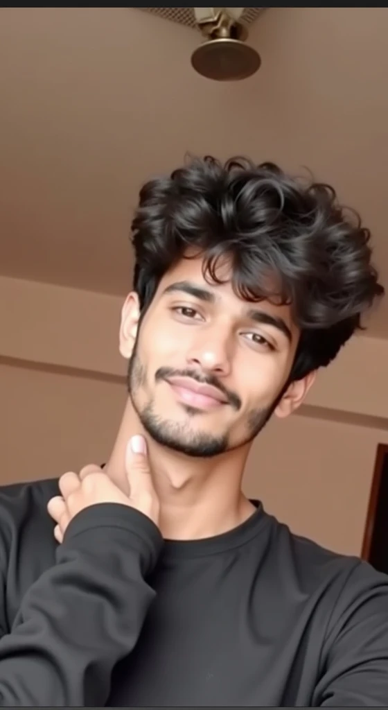20 years old white cute indian boy , slim body , taking selfie , white wall background , black tshirt , little beard and moustache