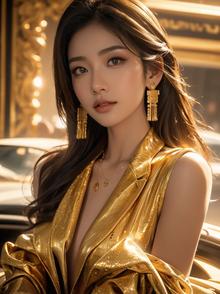 a sexy asian girl wearing a racing suit, smiles, surrounded by gold and money, (best quality,4k,8k,highres,masterpiece:1.2),ultra-detailed,(realistic,photorealistic,photo-realistic:1.37),intricate details, highly detailed face, deep penetrating eyes, perfect makeup, flawless skin, flowing hair, dynamic pose, racing car in the background, golden accents, stacks of gold bars and currency, luxurious setting, dramatic lighting, cinematic composition, poster
