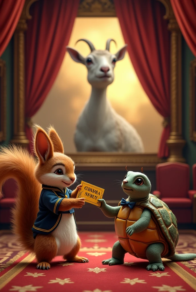 Turtle Rabbit Squirrel Sheep A squirrel is handing a movie ticket to a turtle in a cinema - SeaArt AI