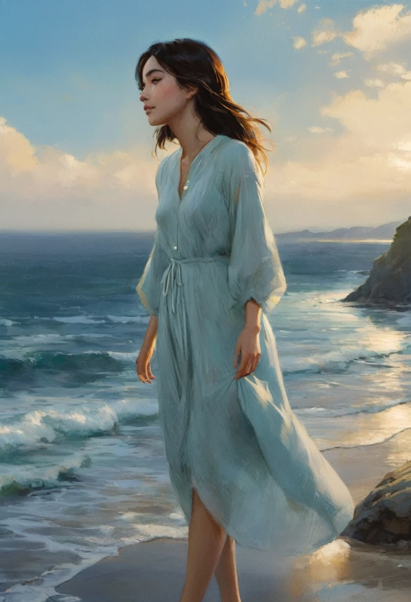 This character exudes a calm, dreamy vibe as she takes in the breathtaking oceanside scenery, allowing the viewer to immerse themselves in the serene beauty of the moment.