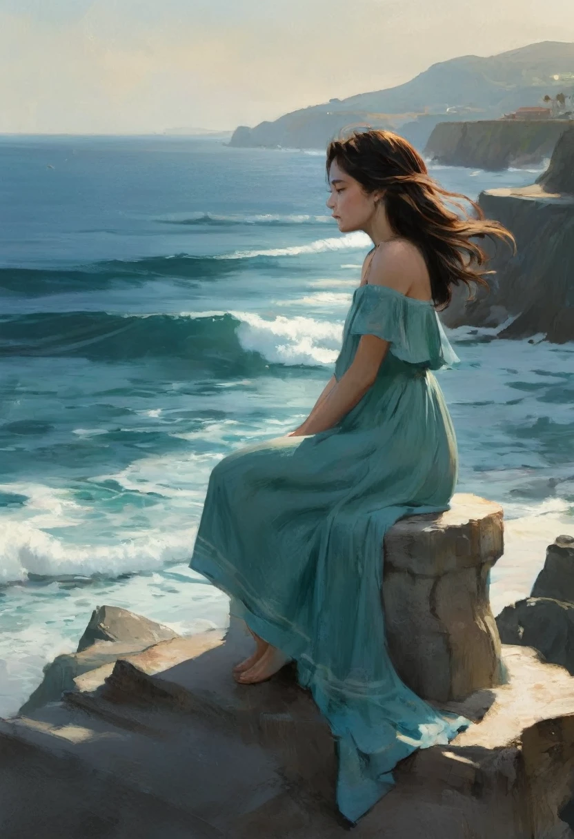 This character exudes a calm, dreamy vibe as she takes in the breathtaking oceanside scenery, allowing the viewer to immerse themselves in the serene beauty of the moment.