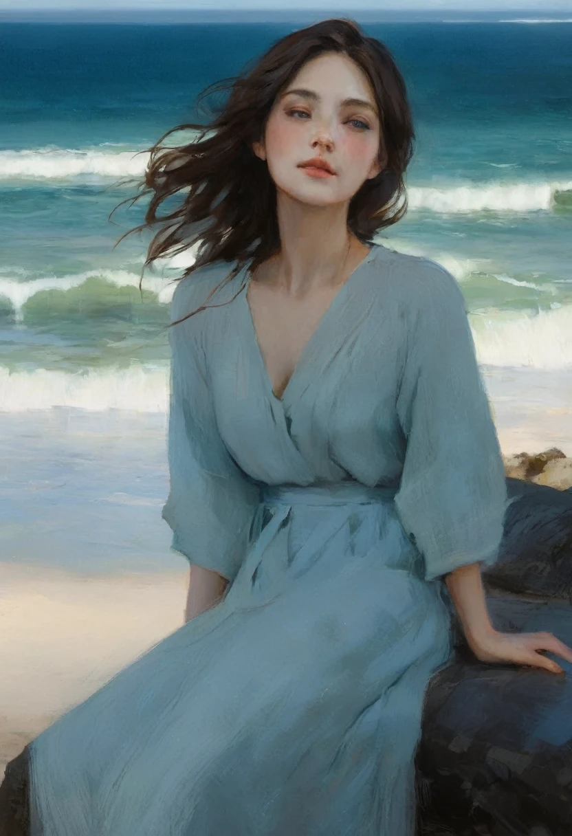 This character exudes a calm, dreamy vibe as she takes in the breathtaking oceanside scenery, allowing the viewer to immerse themselves in the serene beauty of the moment.