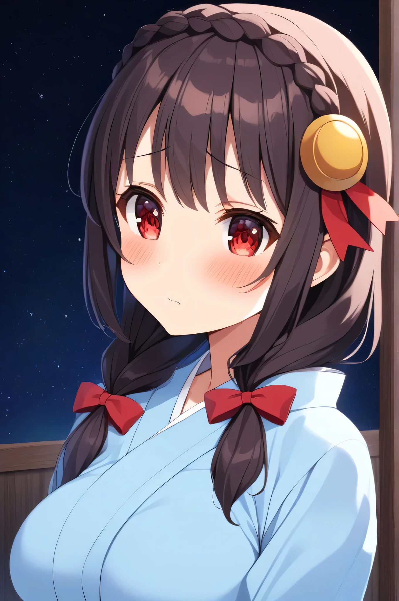 alone, One Girl、A crown braid the color of her hair, hair ornaments, Hair Ribbon,(Pale blue kimono with red floral pattern and red obi.)、Red eyes、Black Hair、(blush:1.5)、My breasts are a little large、The background is a starry sky、(The eyes shine red)、(Eyes glow red)、Staring at the viewer