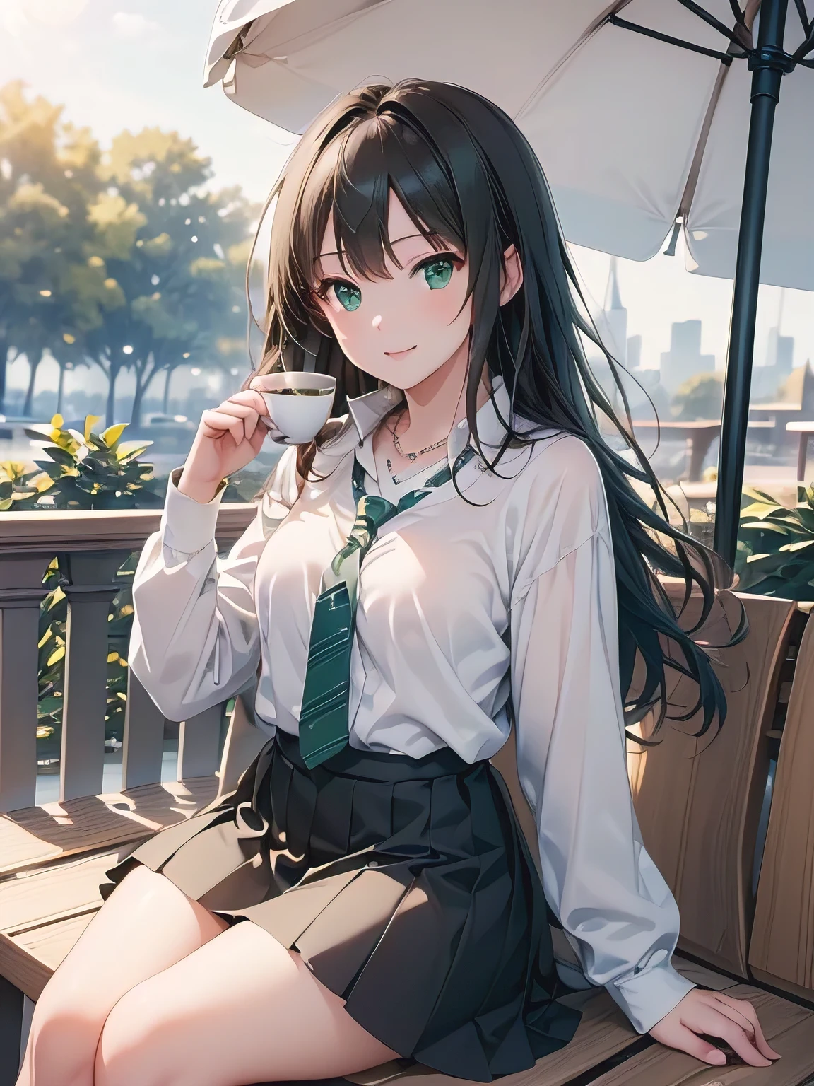 ((masterpiece)), (best quality), extremely detailed Illustration, ultra detailed, highly detailed, detailed background, vivid color, photorealistic, natural side lighting, 1girl, rin shibuya, super cute, Sexy Body, (seductive eyes, green eyes:1.3), Symmetrical Neat bangs, Shiny black hair, Silky long hair, School uniform, collared shirt, Cardigan, green striped necktie, necklace, (black pleated skirt), ((smile:1.3)), 
((Coffee Shop, Open Terrace Cafe:1.3, Terrace with white stylish parasol:1.3, Cafe Terrace:1.3, sitting on the terrace of the cafe in, relaxing and drinking the tea at terrace:1.3)), sunny day, light leaks, (Lens Ghosting:1.4, lens flare:1.3),