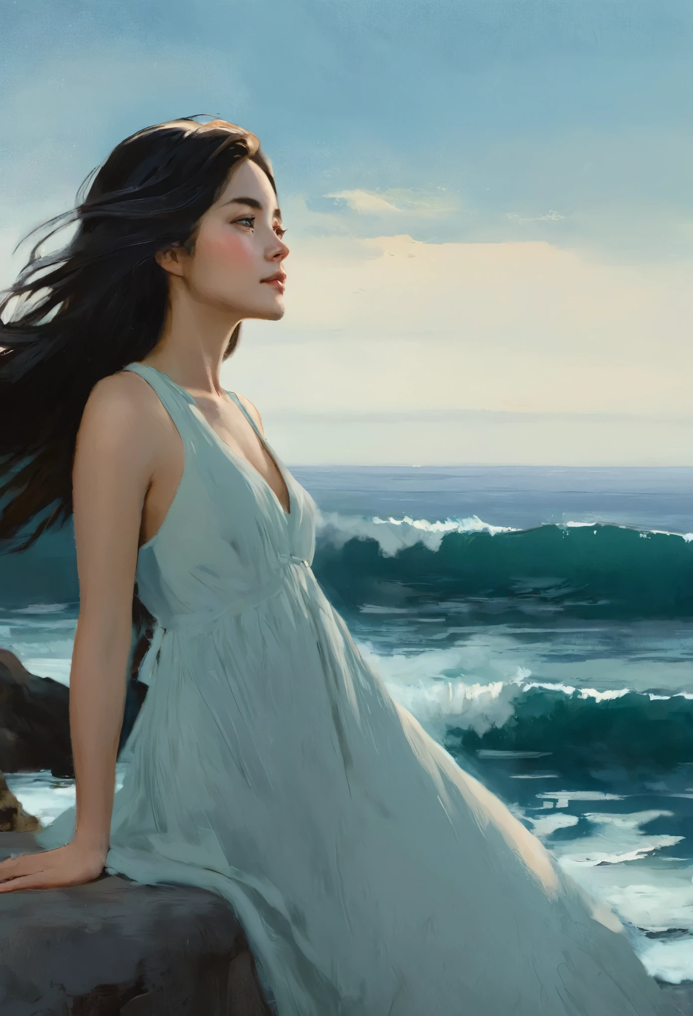 This character exudes a calm, dreamy vibe as she takes in the breathtaking oceanside scenery, allowing the viewer to immerse themselves in the serene beauty of the moment.