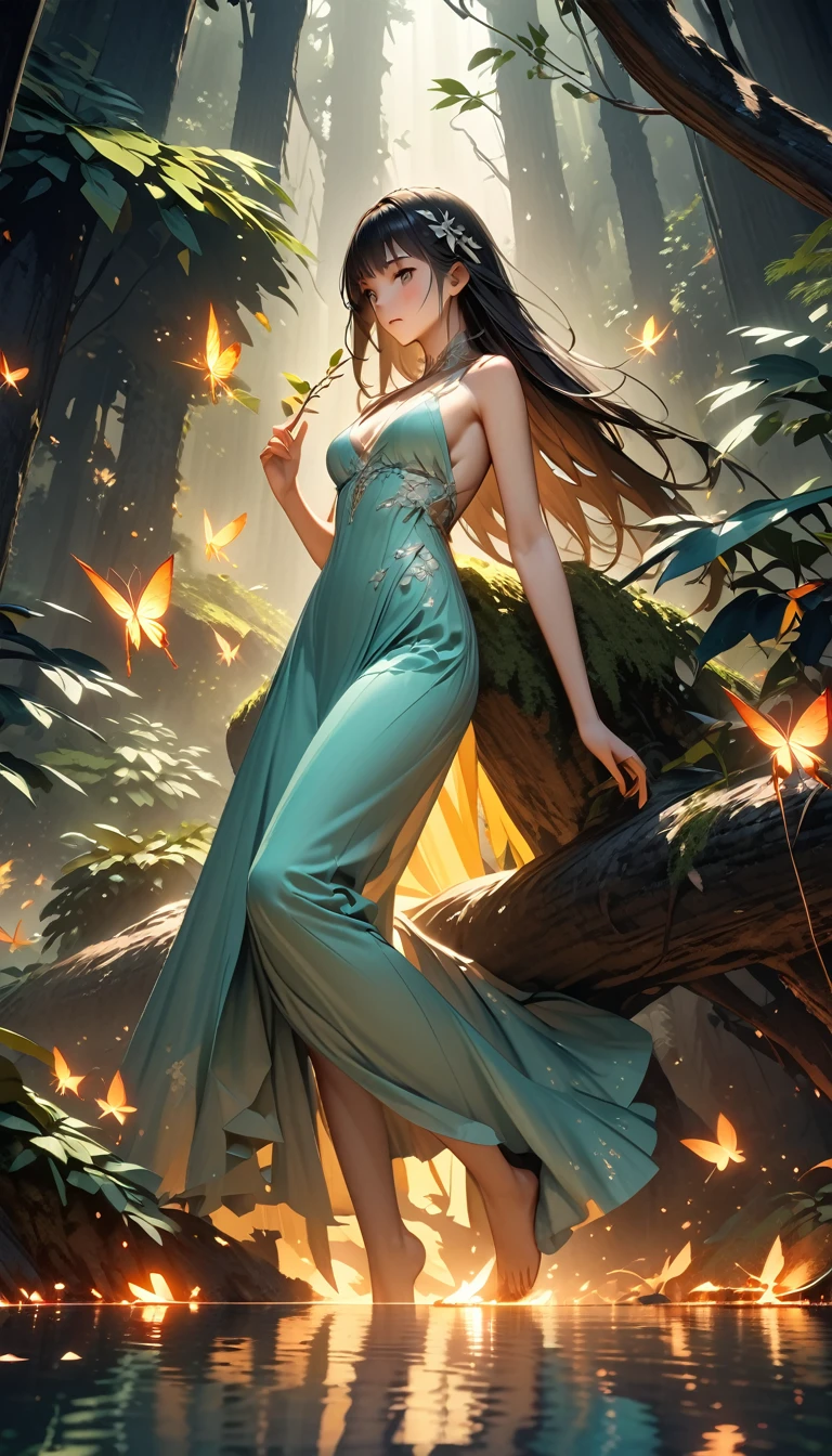 Full body, EVA Rapunzel girl with graceful figure with black hair in the Garden of Eden, girl's body sexy, legs long and graceful, graceful ankles, in the background tree of life on which serpent tempts and red apple of life knowledge, serpent tempts girl, photorealism, super detailed, site 500px, contrast lighting, outline around girl, fill light is soft, 32k