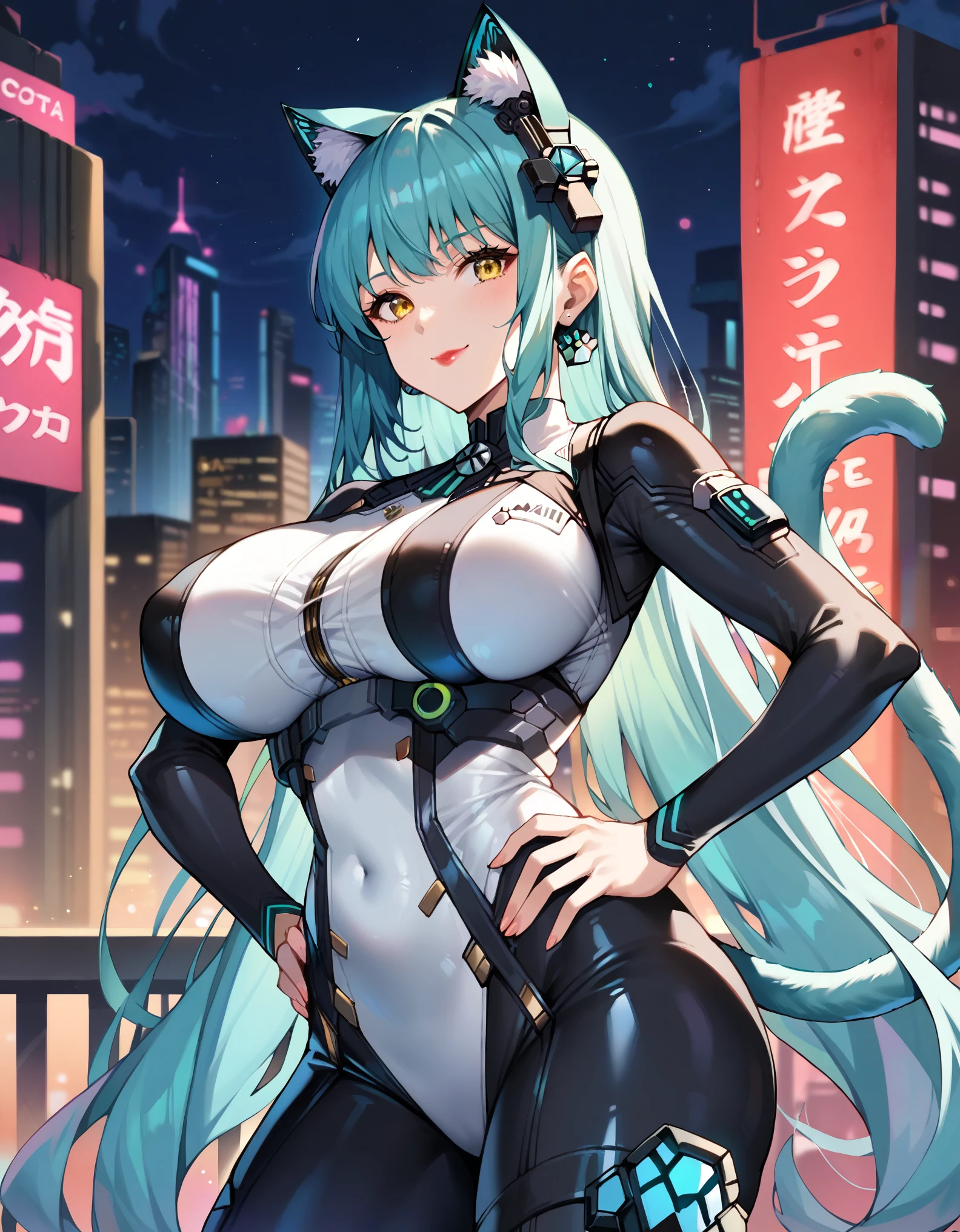 masterpiece, score_9, score_8_up, score_7_up, source_anime, extremely detailed, high quality, 1girl, milf, solo, privaty, (huge breasts:1.1), ((((aqua hair), very long hair, yellow eyes, aqua cat ears, aqua cat tail))), red lips, (((black plugsuit))), ((light smile), closed mouth), ((hands on own hips, futuristic cityscape, night))