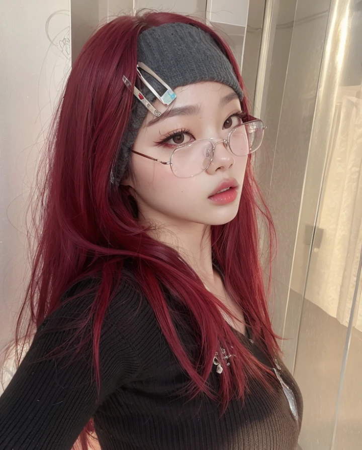 14 year old teenager japanese girl wearing thin glasses with shoulder length VERY VERY BRIGH RED BRIGHT RED HAIR haired bob with bangs straight face holding flowers medium quality in a bathroom looking at the mirror while taking a selfie with her phone imperfect skin wearing a black kpop outfit ultra realistic