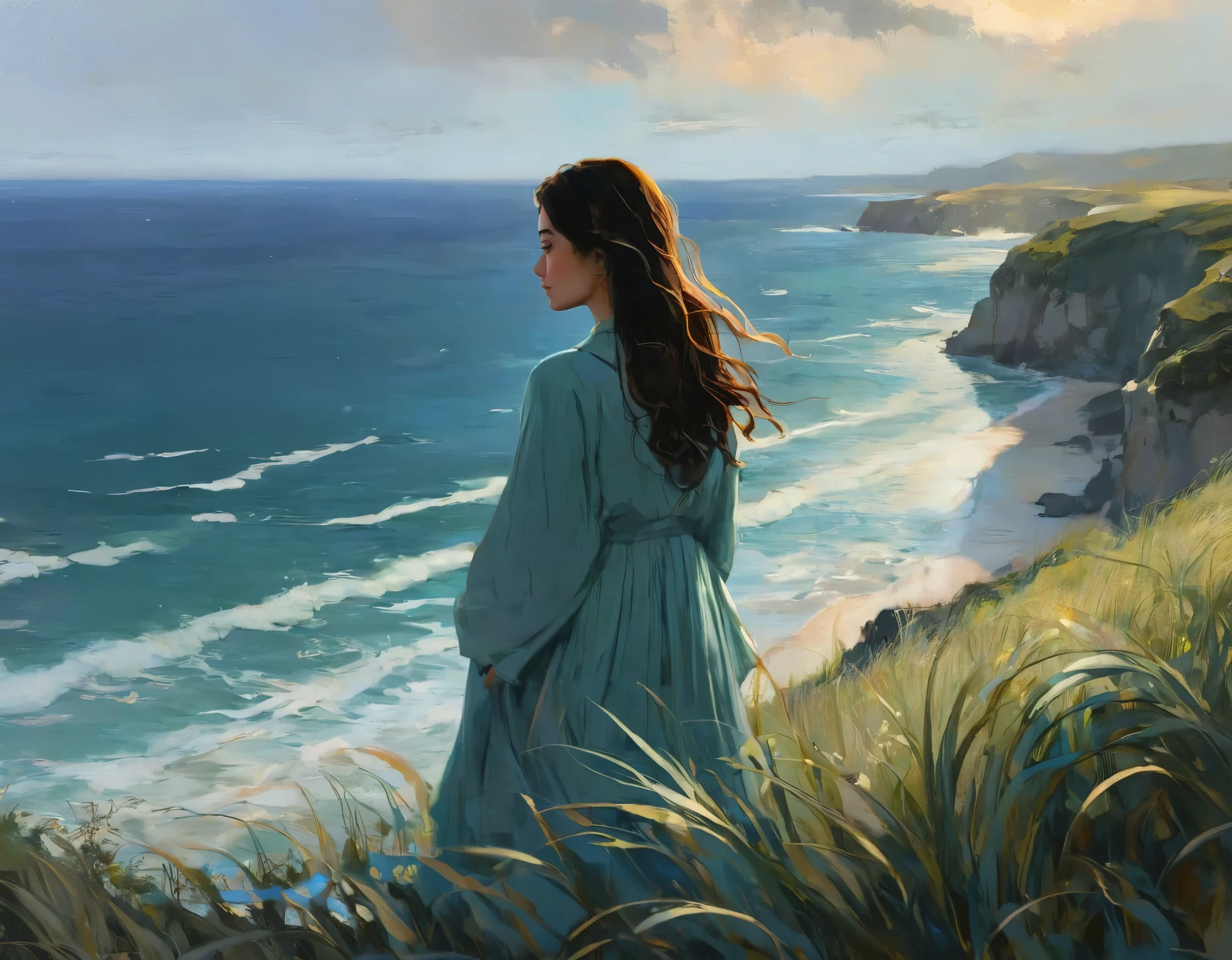 This character exudes a calm, dreamy vibe as she takes in the breathtaking oceanside scenery, allowing the viewer to immerse themselves in the serene beauty of the moment.