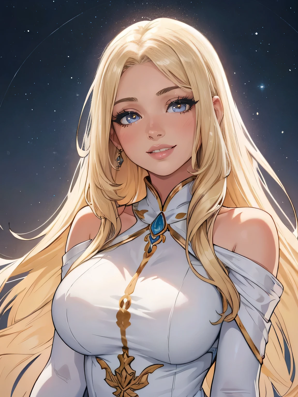 {{Anime My Hero Academy}} Blonde woman with crystal blue eyes, with healing powers and super strength. with a serene gaze, vain and kind