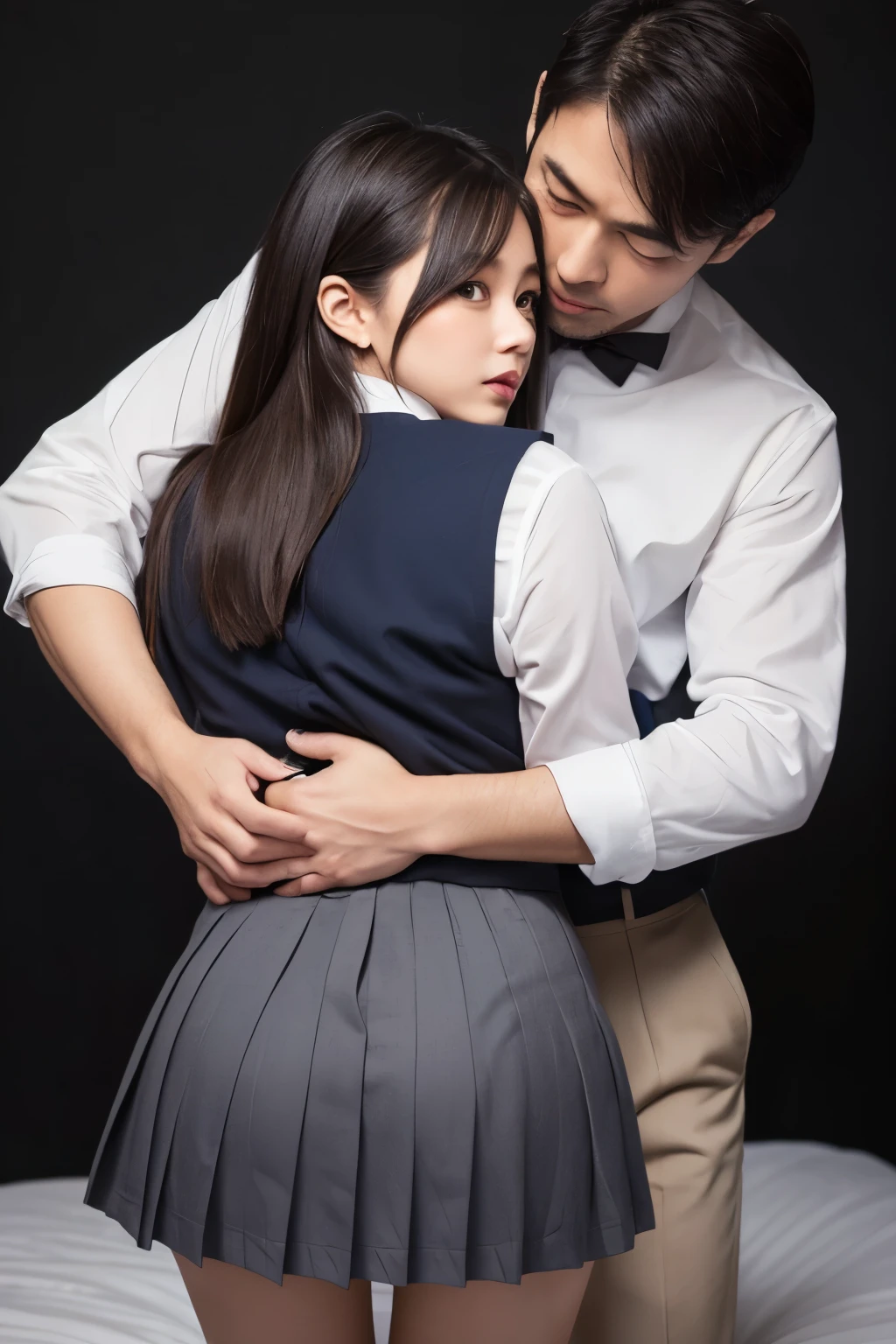Browse, hotel bed, Japan , handsome man hugging girlfriend , talking in ear, lifting her up, lifting up mini skirt, 40k, photo, masterpiece, best quality, dark grey background, pleated skirt ((Japanese schoolgirl uniform)), older man leaning on girlfriend from behindleaning against, hugging, mr man groping my , man grabbing my , man putting his hand under my skirt, man grabbing woman's , big , exposed
