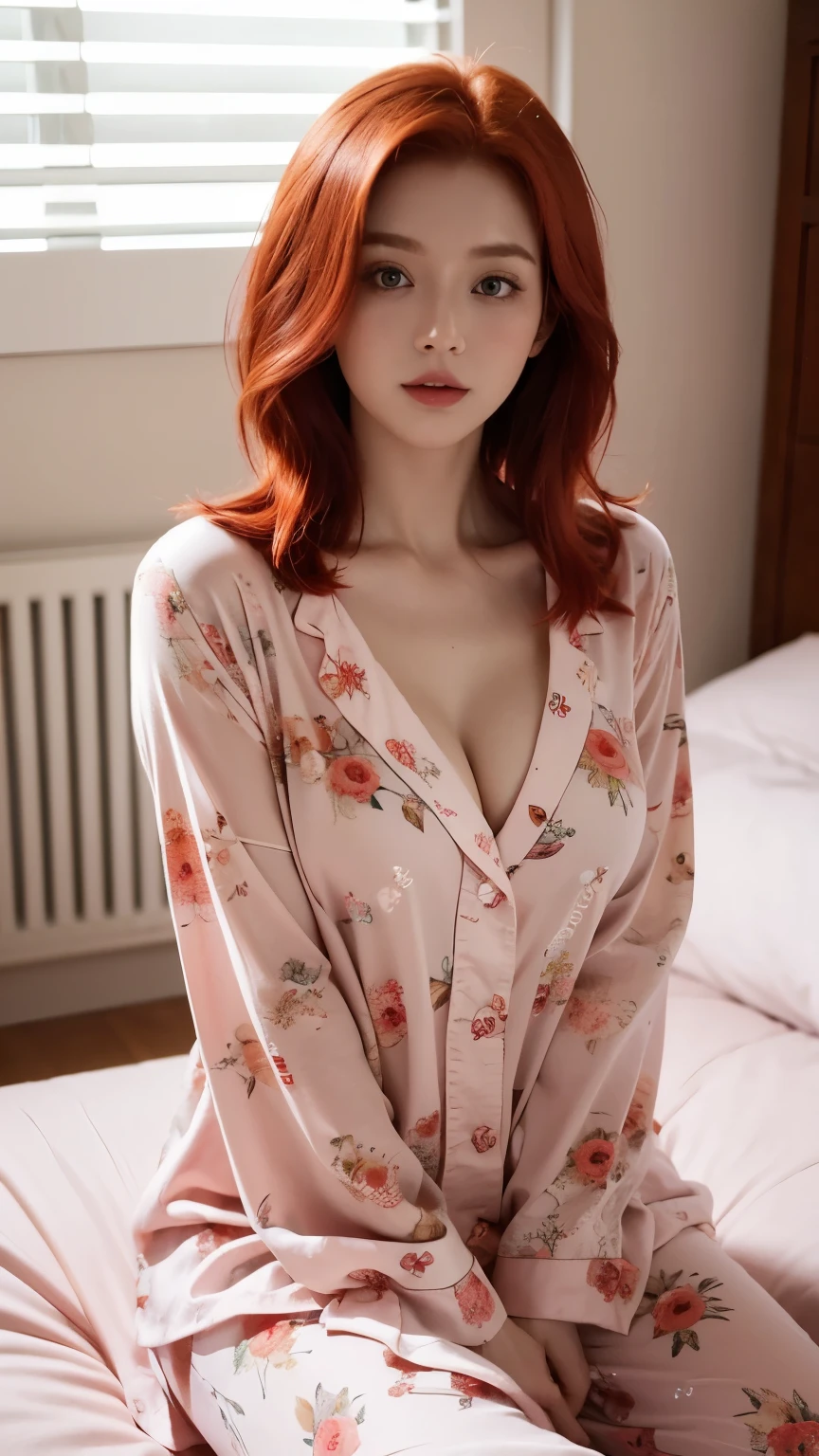 A woman wearing pink pajamas with a floral pattern is sitting on the bed., the shirt is raised up exposing beautiful breasts, bare chest, Red-haired girl, beautiful Red-haired woman, Red-haired woman, young Red-haired girl, short bright red hair, red hair and attractive features, Margot Robbie、Also known as Margot Robbie, Red-haired girl, redhead, beautiful woman, position in bed, red head, With short red hair, Pose in the room