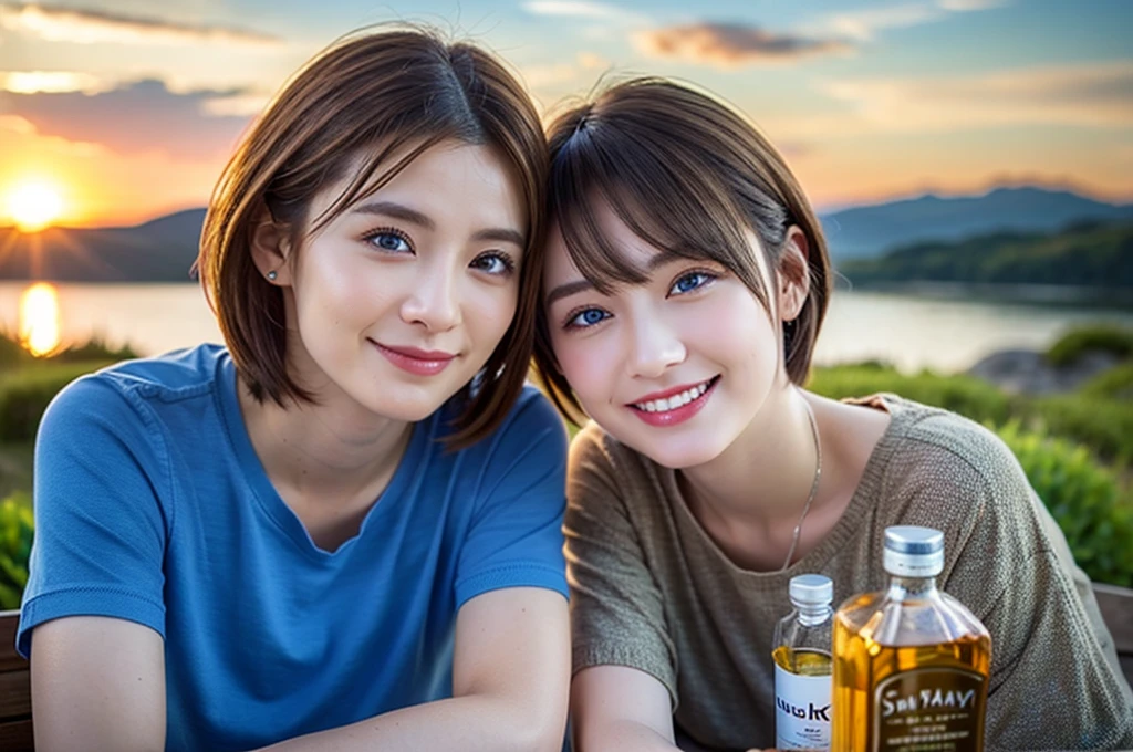 ((Highest quality、8k、masterpiece:1.3))、Whiskey bottles、The Macallan、Joni Black、Old Parr、whiskey、Suntory、Nikka、Slim Couple、modelカップル、(Realistic, Intricate details:1.2), full-course dinner、Whiskey bottle and glass on the table、Single Malt、scotch、Rocks glass、Shot Glass、On the rock、Scotland、Amazing view of the sunset sky and clouds、A bright smile、Short sleeve shirt、dress、 (Age 37), 3,Two beauties、Brown Hair、Shortcuts、 actress, model, Upper Body,