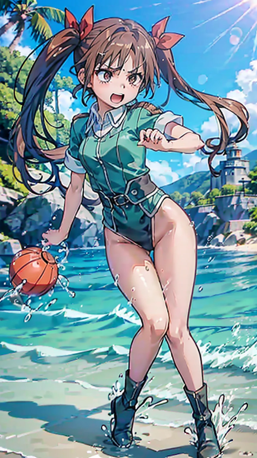 DRAGON BALL,kamehame_wave,kamehameha_kamehame_ha,tone,/(kantai_collection/),(((Having fun splashing around in the water at the beach))),in uniform,twintail_hair,closed_one_eye