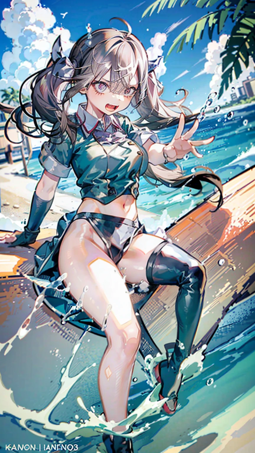 DRAGON BALL,kamehame_wave,kamehameha_kamehame_ha,tone,/(kantai_collection/),(((Having fun splashing around in the water at the beach))),in uniform,twintail_hair,closed_one_eye