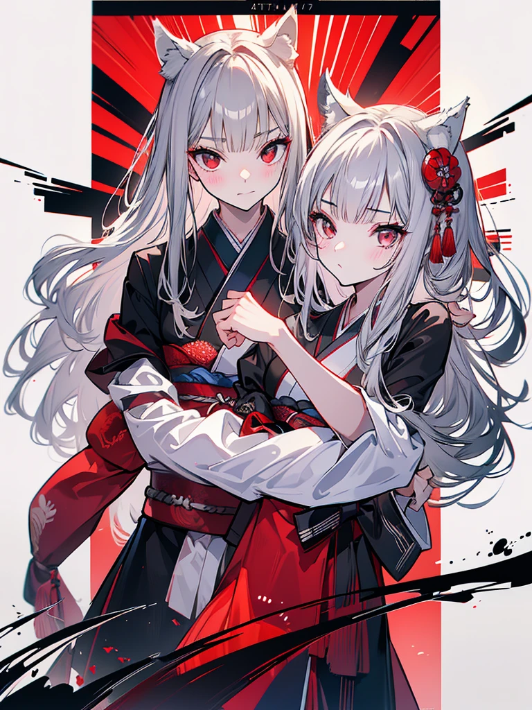 high quality, Wolf Ears,Black kimono,Gray Hair,Long Hair, Seductive red eyes,nice,Japanese style,Fight,martial arts,fist,fistのFight,movie,Fightfield,karate,截fist道,fistを構える,Finding