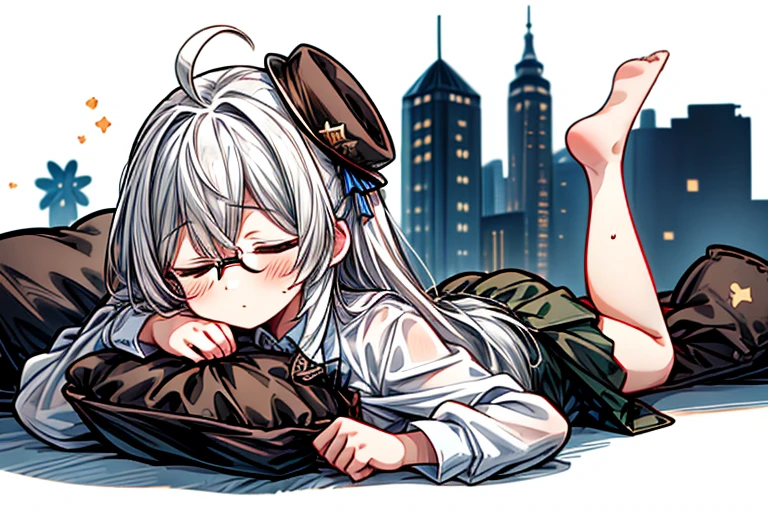 (highest quality，masterpiece:1.3)，((1 cute girl:1.2))，(:1.2),expressive 目s, Perfect Face，Brown eyes，dark green beret,White hair,long ahoge,Round Glasses Black，retro city background,Brown tie,brown skirt,Dark green jacket,Low Perspective，Wet shirt，amount, open amount,yuri
yuri nsfw,pure sleep, (wide shot, white background, simple background), (solo, 1girl), sleeping, (closed eyes:1.2), full body, lying, on stomach, sleepy, legs together, pillow,