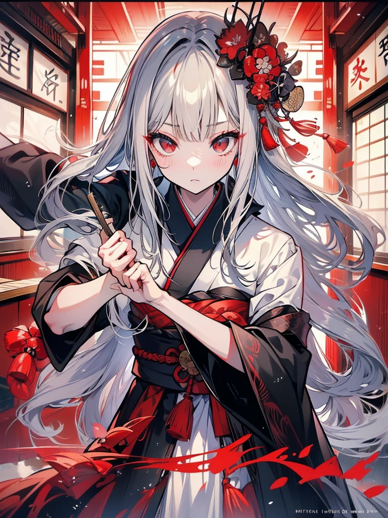 high quality、Black kimono、Gray Hair、Long Hair、Captivating red eyes、nice、Japanese style、fight、martial arts、fist、fistの戦い、movie、Fighting Arena、karate、截fist道、fistを立てる、discovery