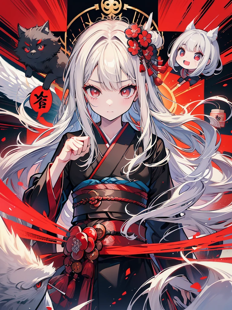 high quality、Black kimono、Gray Hair、Long Hair、Captivating red eyes、nice、Japanese style、fight、martial arts、fist、fistの戦い、movie、Fighting Arena、karate、截fist道、fistを立てる、discovery