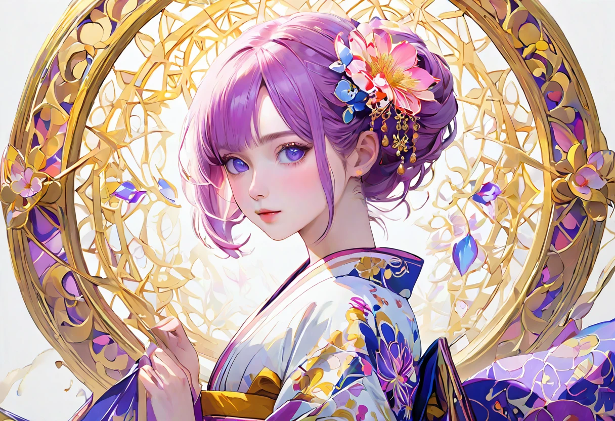 (((White background、White world)))、2、Unity 8k wallpaper、Super detailed、Beautiful and aesthetic、masterpiece、Highest quality、(Tangle、Mandala、Tangle、Tangle)、(Fractal Art:1.3)、One Woman、, violet eyes, Beautiful violet  hair、Japanese、Big pink、Yellow kimono、Japanese..., violet hair, violet eyes, chignon