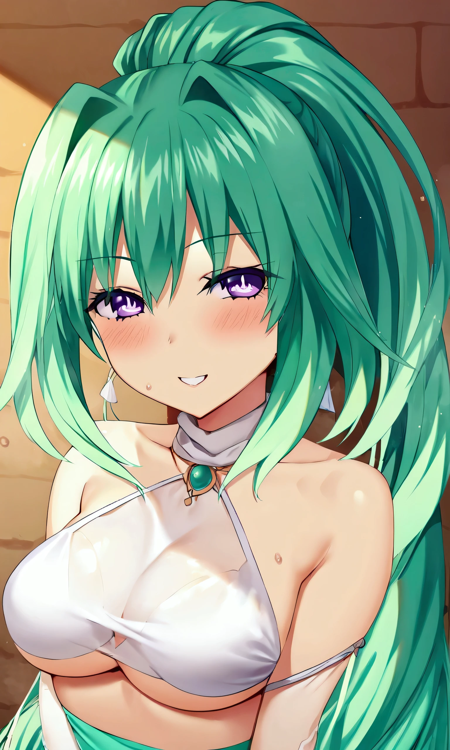 (masterpiece),(best quality),(ultra-detailed),(best illustration),(best shadow),(absurdres),(detailed background),(very aesthetic),  green heart, dressoutfit, green heart, casualoutfit, 1girl, green hair, symbol-shaped pupils, smile, solo, purple eyes, looking at viewer, long hair, power symbol, bare shoulders, ponytail, blush portrait, seductive grin, mermaid tail, inside the bathub, Blush, earphones, 