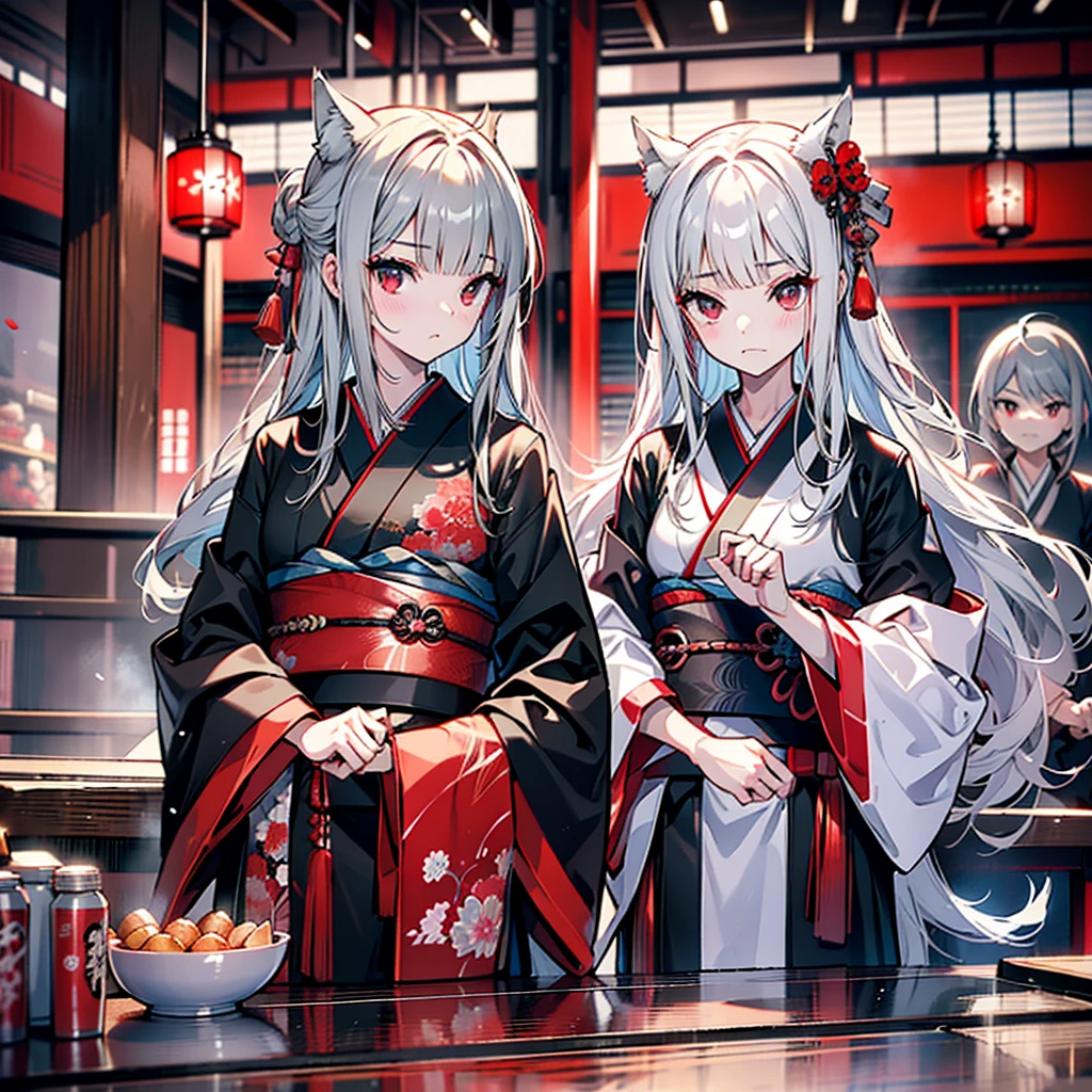 high quality、Black kimono、Gray Hair、Long Hair、Captivating red eyes、nice、Japanese style、fight、martial arts、fist、fistの戦い、movie、Fighting Arena、karate、截fist道、fistを立てる、discovery、knife、抜knife、