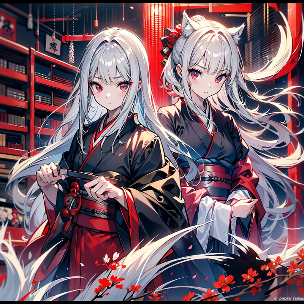 high quality、Black kimono、Gray Hair、Long Hair、Captivating red eyes、nice、Japanese style、fight、martial arts、fist、fistの戦い、movie、Fighting Arena、karate、截fist道、fistを立てる、discovery、knife、抜knife、