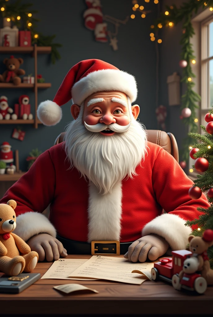 A classic Santa Claus, with a robust body and a large white beard, dressed in his traditional red suit adorned with white fur details. He sits comfortably at his wooden desk in his Christmas workshop, full of toys, scattered tools and papers, giving the impression of being busy preparing gifts. On the table in front of him, There are teddy bears, trains, and half-assembled dolls, along with scrolls with lists of children. Santa looks directly at the viewer, with a wide friendly smile and bright eyes, transmitting warmth and closeness. The workshop is decorated with Christmas lights and garlands, with a cozy atmosphere. The background shows shelves filled with gifts and festive decorations.. Soft, warm light envelops the scene, Capturing every detail in a hyper-realistic photographic style, from the wrinkles in his suit to the sparkle in his eyes.