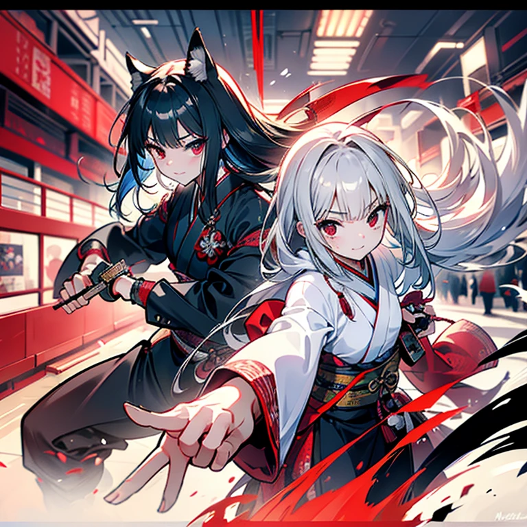 The best composition、Masterpiece、high quality、Black kimono、Gray Hair、Long Hair、Captivating red eyes、nice、Japanese style、fight、martial arts、fist、fistの戦い、movie、Fighting Arena、karate、截fist道、fistを立てる、discovery、knife、抜knife、Delicate hair、