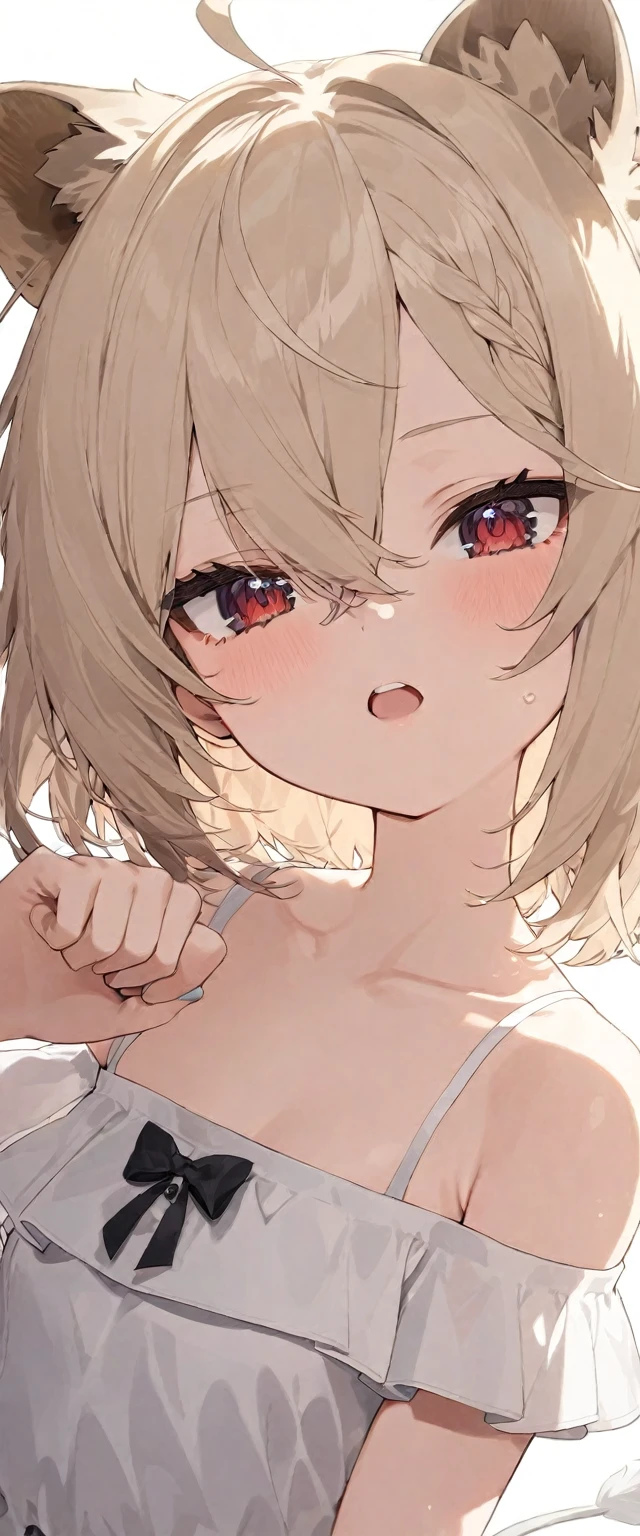 (muste piece), (best quality), (score_9, score_8_up, score_7_up), very detailed eyes, expressive eyes, perfect face, very detailed face, highly detailed face, beautiful girl, 8K, beautiful girl, white background, delicate and beautiful face and eyes, dark intense shadow, 1 girl, vtuber style, cool girl, hololive, vtuber, (loli:1.3), rurudo_lion, Platinum blonde lion ears, Platinum blonde lion tail, Platinum blonde hair, short hair, amber eyes, hair between eyes, see-through:white sundress, sleeveless dress, suspender dress, dress bow, chest visible through clothes, small chest, (Off-shoulder), (clavicle), Poker face, expressionless, open mouth wide, one Yae Teeth, (one hand paw pose), bare arms, Upper Body, face close up, look up,
