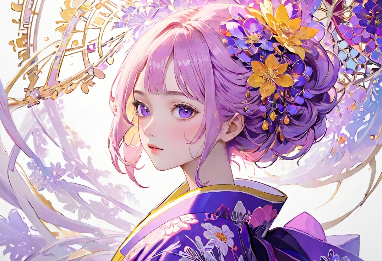 (((White background、White world)))、2、Unity 8k wallpaper、Super detailed、Beautiful and aesthetic、masterpiece、Highest quality、(Tangle、Mandala、Tangle、Tangle)、(Fractal Art:1.3)、One Woman、, violet eyes, Beautiful violet  hair、Japanese、Big pink、Yellow kimono、Japanese..., violet hair, violet eyes, chignon