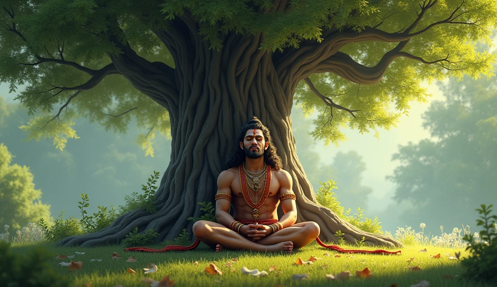 Lord Shiva meditating under a divine, mysterious tree , among other indian sadhus, moody, Dramatic lighting, masterpiece,8k,unreal engine 5, hindu mythology, God, Divine, Dakshinamurthy.
