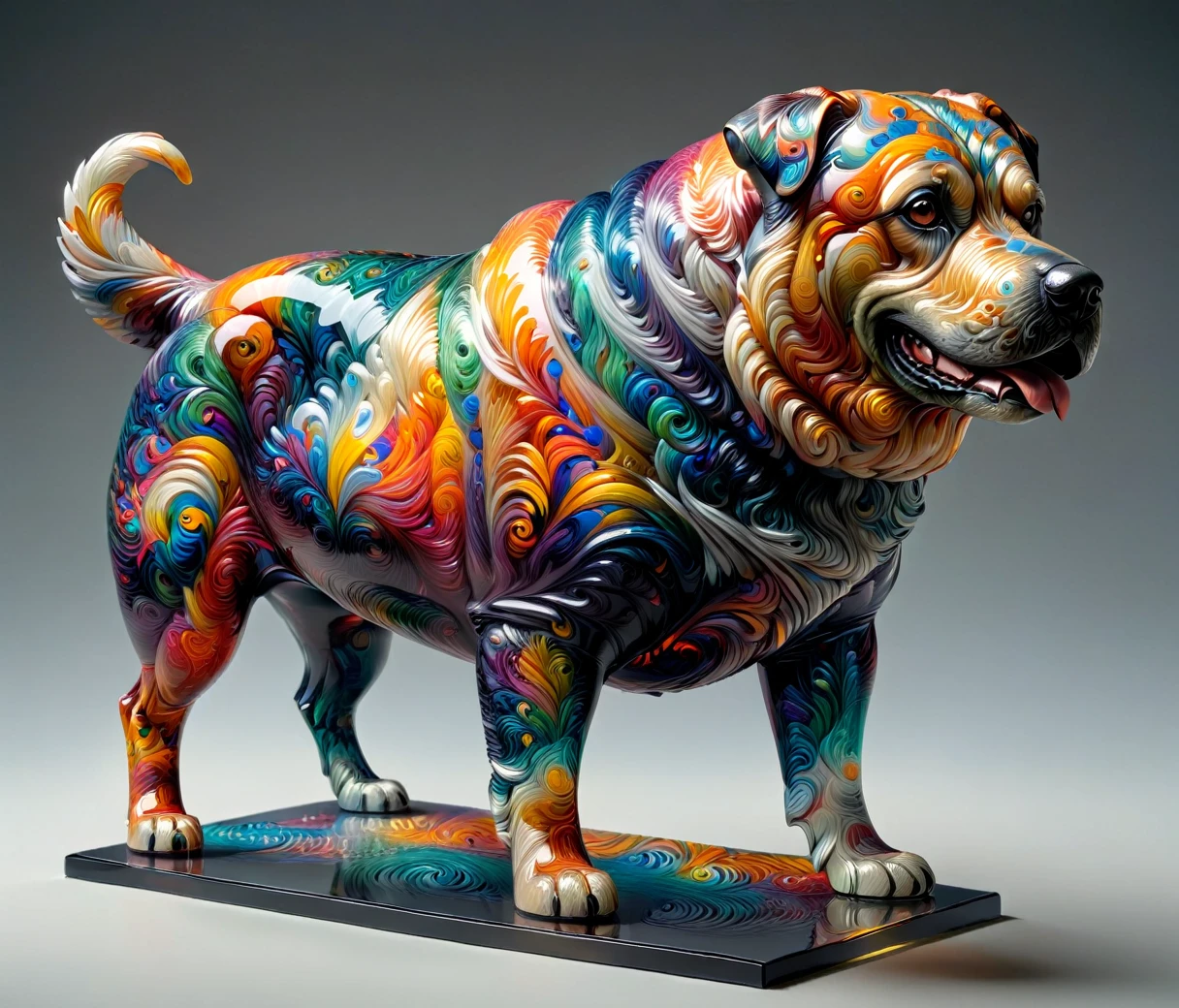 (chubby, male, big dog), transparent glass sculpture, vibrant colors, highly detailed, intricate details, best quality, masterpiece, mad-vangoghian, depth of field, (((grey background)))