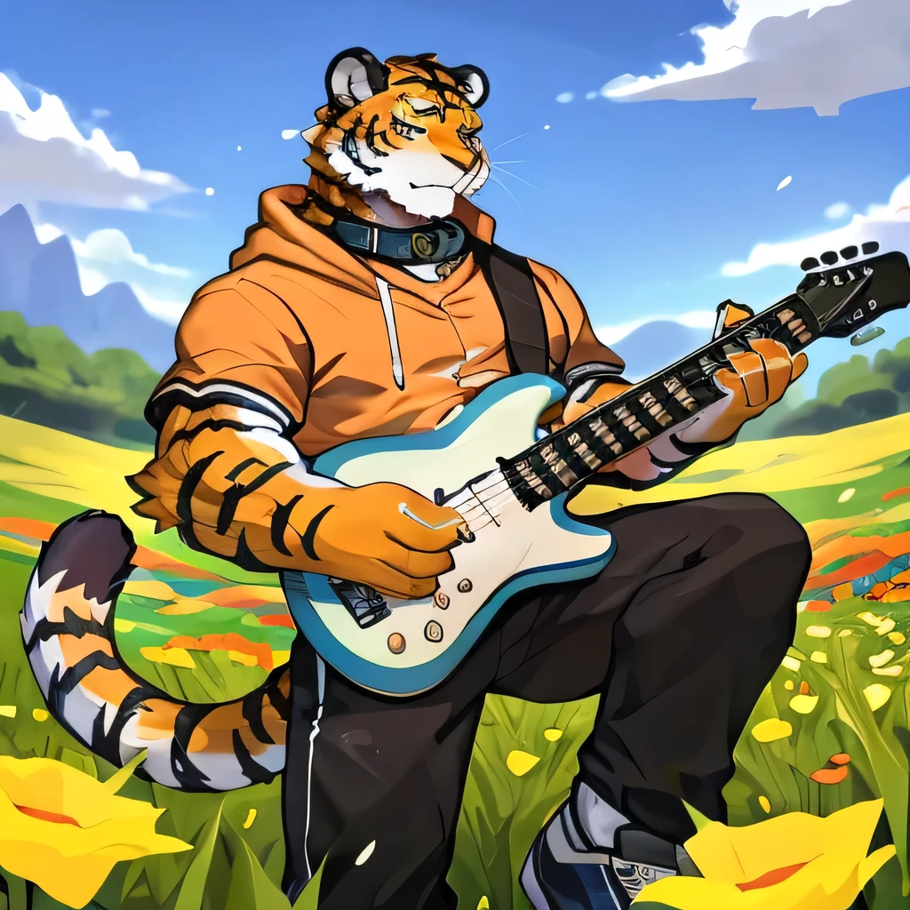 Tiger,Clear expressions,guitar,16K,Only one instrument,有一条TigerIn the flower fields演奏guitar, 弹奏guitar,Sporty tall handsome guys, Big abdominal muscles, muscular, 1 boy, solitary, Golden Eyes,Wear a casual suit(Wearing an orange hoodie), Handsome,(Face clarity),Collar Dog, In the flower fields,A field of flowers ,怀里面抱着guitar,双手抱着演奏guitar,演奏guitar, short, on the grass, Athlete's physique, Full body pictures, Tight black vest, Wearing a vest, 2 people :: Sporty