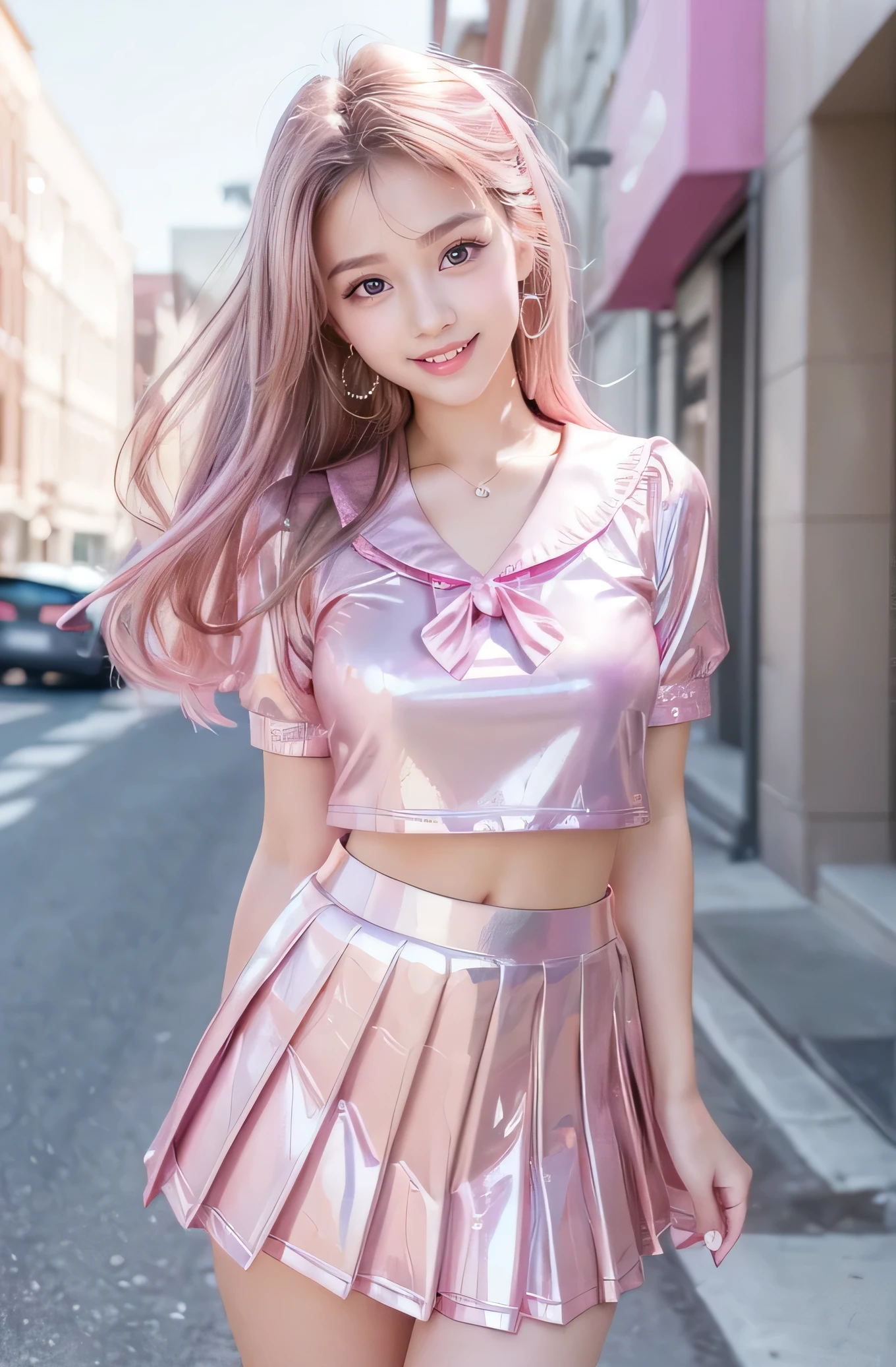 (Very beautiful cute young girl:1.2),
(large eyes),
(clear-eyed),
small straight nose,
small mouth,
(v-line jaw:1.1),
Beautiful detailed eyes,
Detailed double eyelids,
Long straight brown hair,
see-through bangs,
beautiful detailed face,
drooping eyes,
(Fair skin: 1.3),
BREAK (super shiny metallic pink sailor high school uniform:1.3),(super shiny metallic pink pleated skirt :1.3), (pink sailor collar high school uniform),(smiling:1.3),(clear-eyed:1.3)
Walking,
Costume lighting,
In the street ,
(Brown hair:1.2)